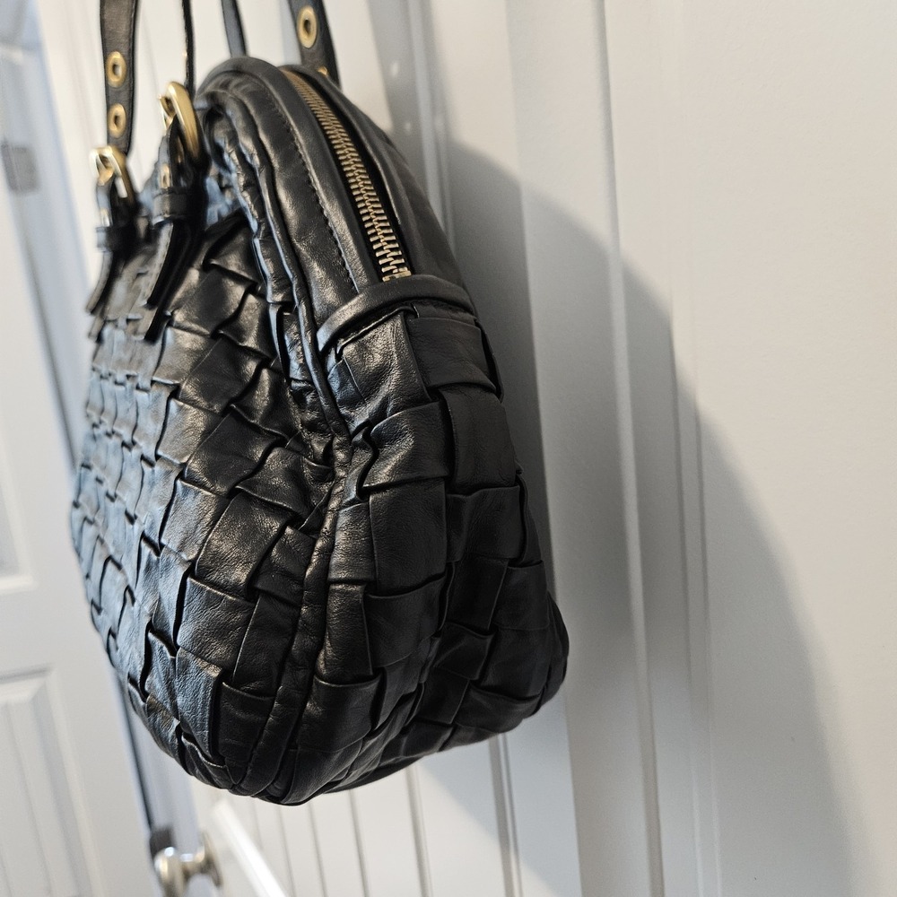 Escada Woven Satchel Shoulder Leather Bag Top Handle Gold Hardware Black - Picture 5 of 12